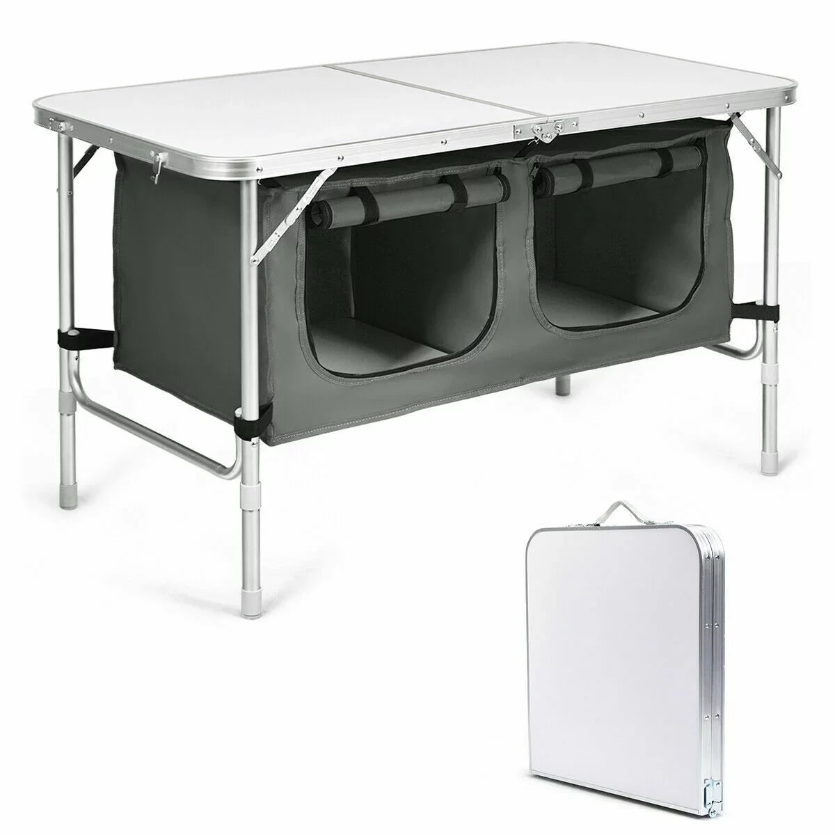 Grey Camping and with Height Adjustable Folding Organizer Aluminum Table Frame Storage