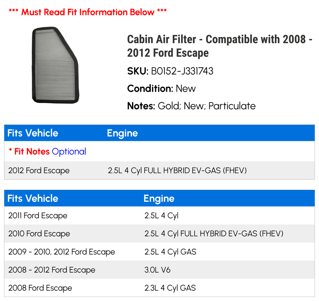 2012 2009 Filter - 2010 Escape - 2008 Compatible Ford Cabin 2011 with Air