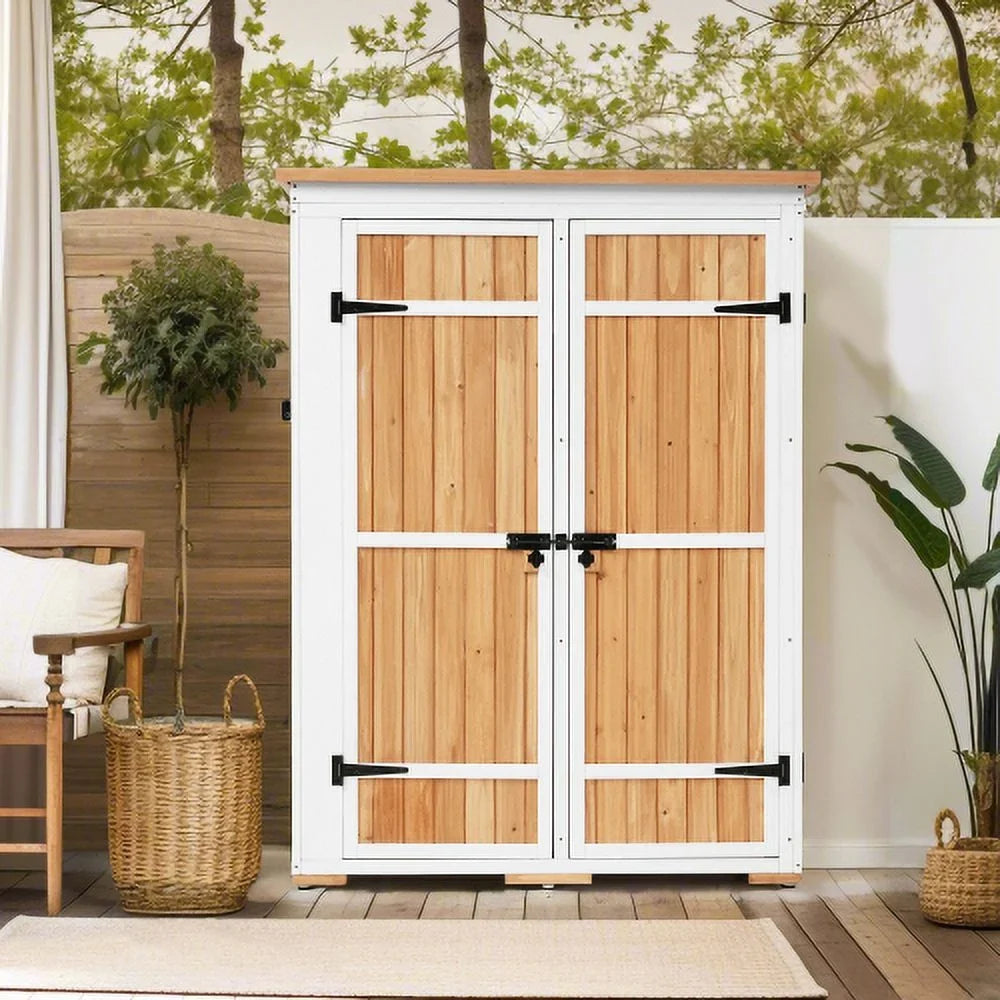 Garden Asphalt Roof, Storage Shelves, Multiple-tier L Waterproof Outdoor Natural 5.5ft Shed, Wood Cabinet Lockable Four with Tool Doors, Hx4.1ft