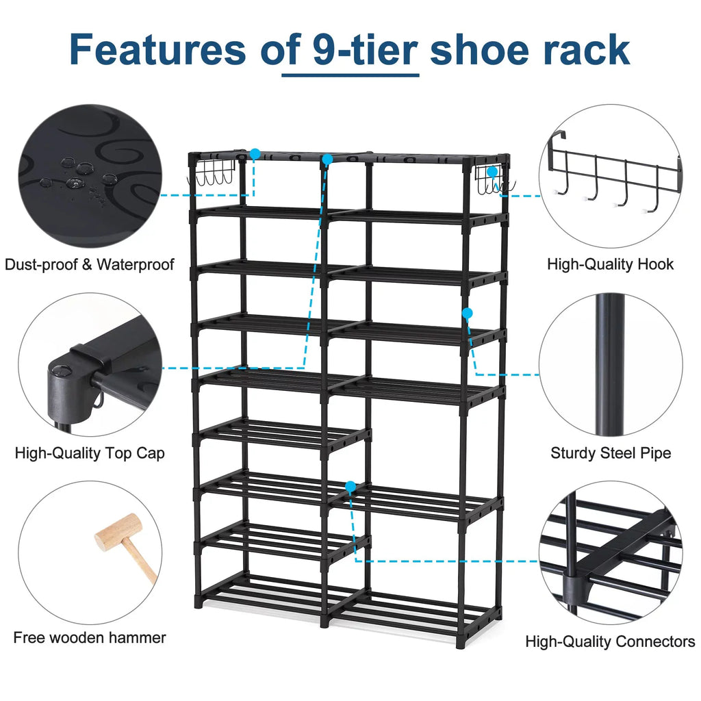 Shoe Storage Removable Tower Black Stackable Closet Large for Tiers 32-40 Shoe Pairs Storage, Boot Shoe Dustproof Shoe for Stand Rack 2 Boot Hooks with Organizer 9 Shelf Organizer Fiuion Shoe