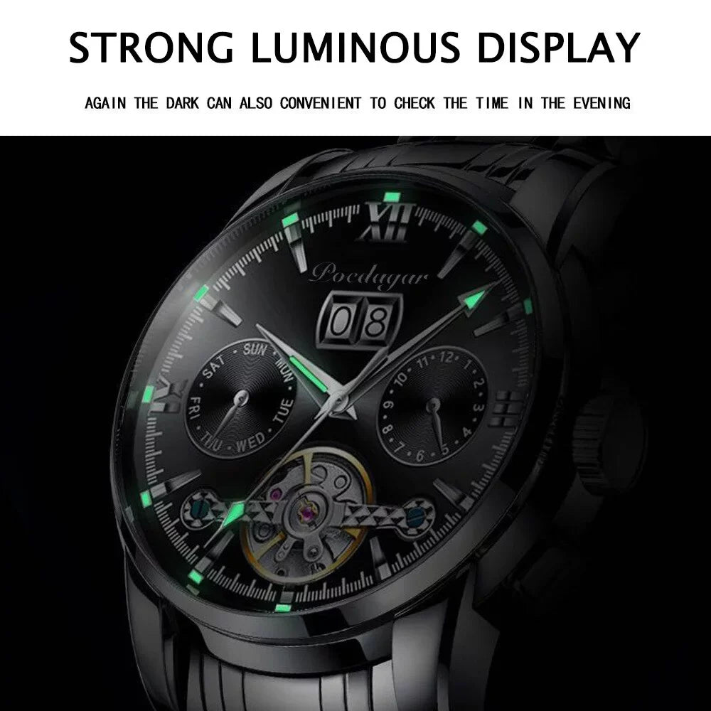 Top Leather Sports Men Genuine Automatic Brand Wristwatch POEDAGAR Luxury Chronograph Mechanical Watches Clock New Men