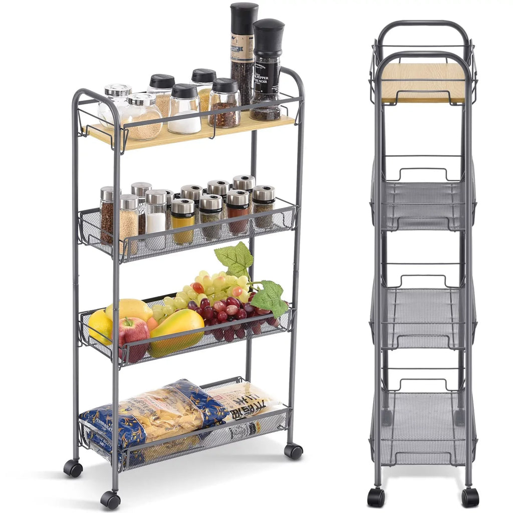 Gray Tabletop Cart, KINGRACK with Storage Bathroom, Mesh for KK Kitchen Wooden Utility Carts 4-Tier Rolling