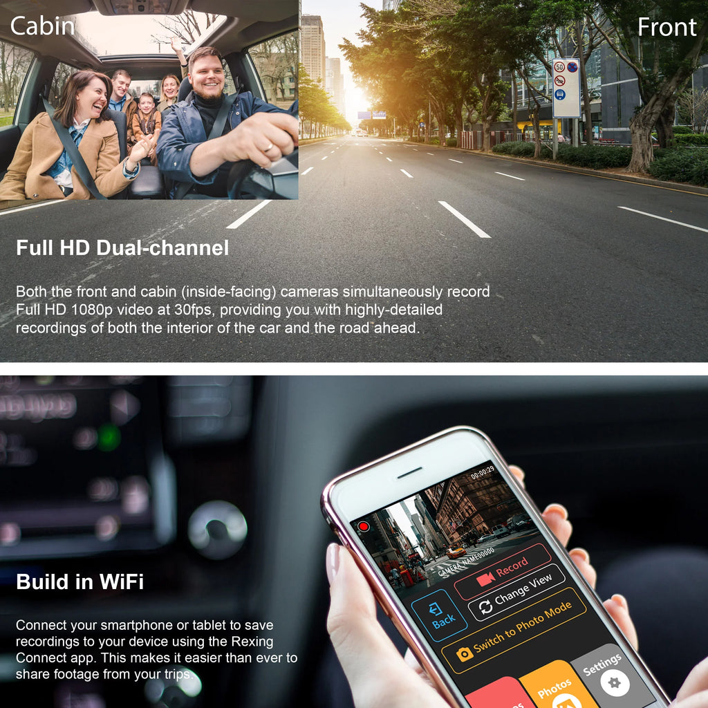 Dash Basic Full Cam Rexing and 1080p Wi-Fi HD Cabin V3 Inside Front Dual Camera with