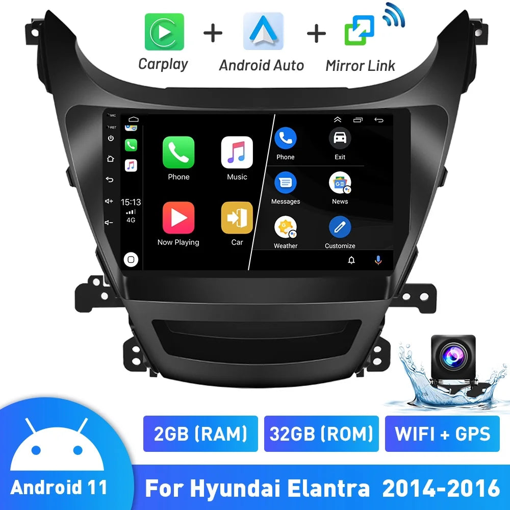 Auto AHD System Android 2014-2016 Wireless Hyundai 2+32G GPS Link Bluetooth Usb, Touchscreen 9'' Android Car 11 Radio Podofo Stereo Mirror for Camera Carplay Elantra Hifi FM Backup WIFI