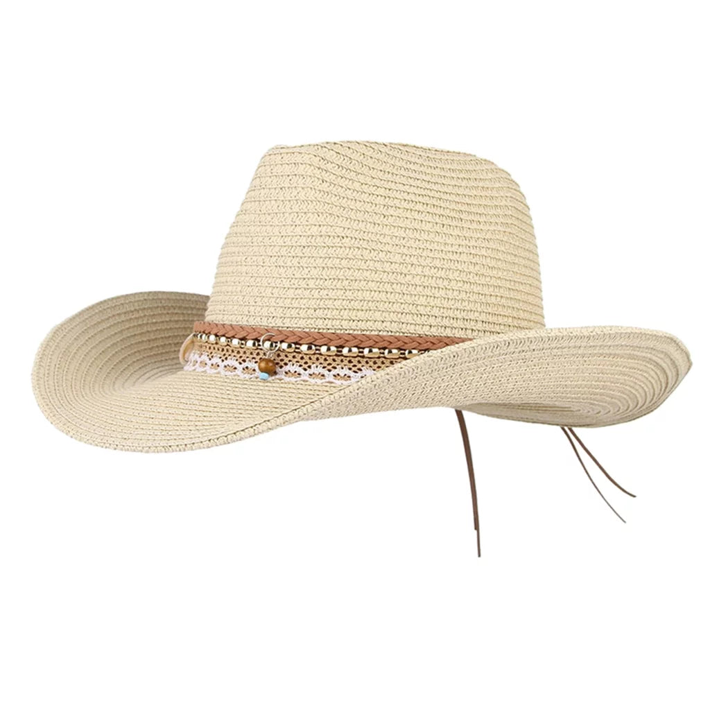 Cowboy Straw Packable Trilby Big Sun Brim Style Floppy Western Hat Women Beige