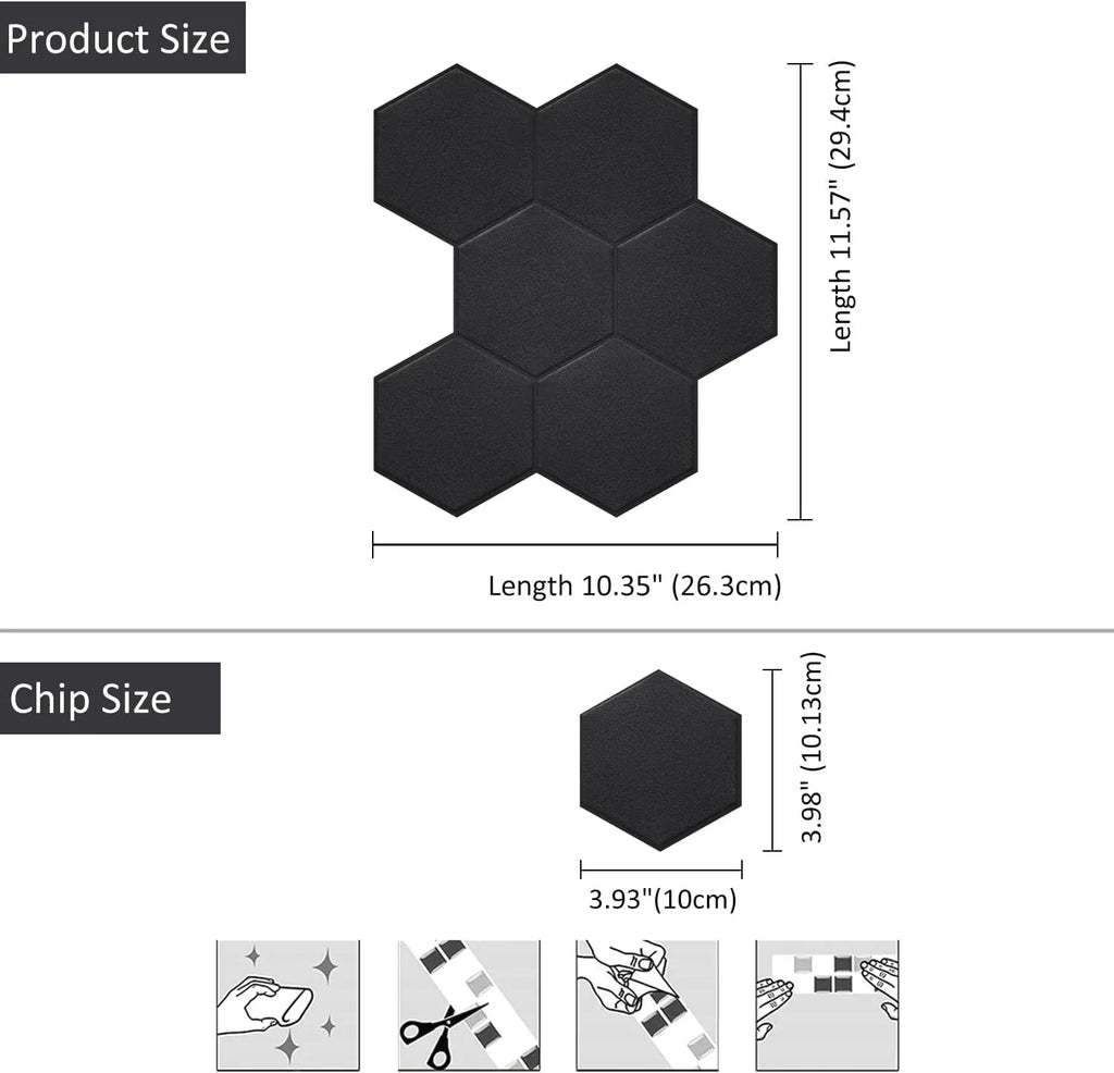 PET Black Stick Backsplash Bathroom(11.57''x10.35'',10-Sheet) Tiles Self Adhesive 3D for Matte Big Real Hexagon Peel and Kitchen