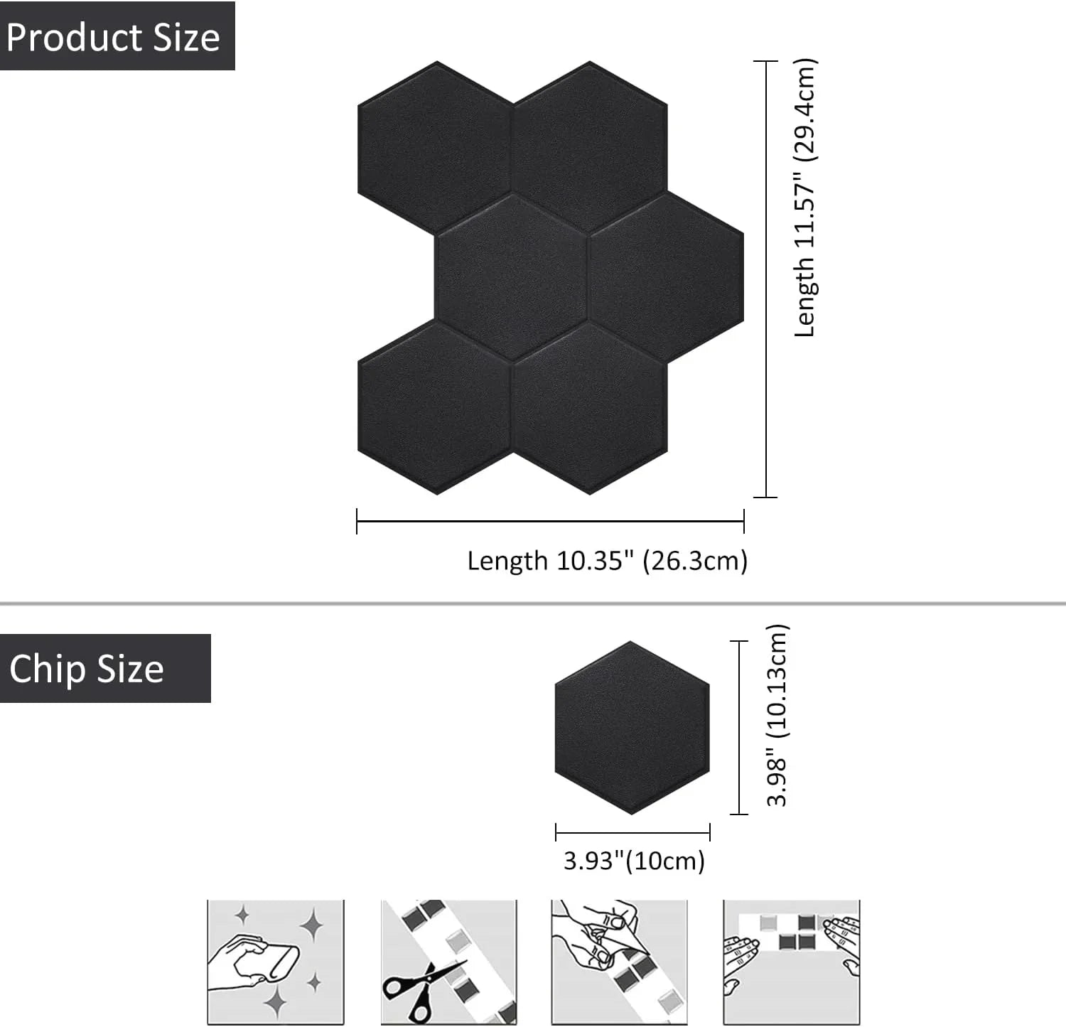 PET Black Stick Backsplash Bathroom(11.57''x10.35'',10-Sheet) Tiles Self Adhesive 3D for Matte Big Real Hexagon Peel and Kitchen