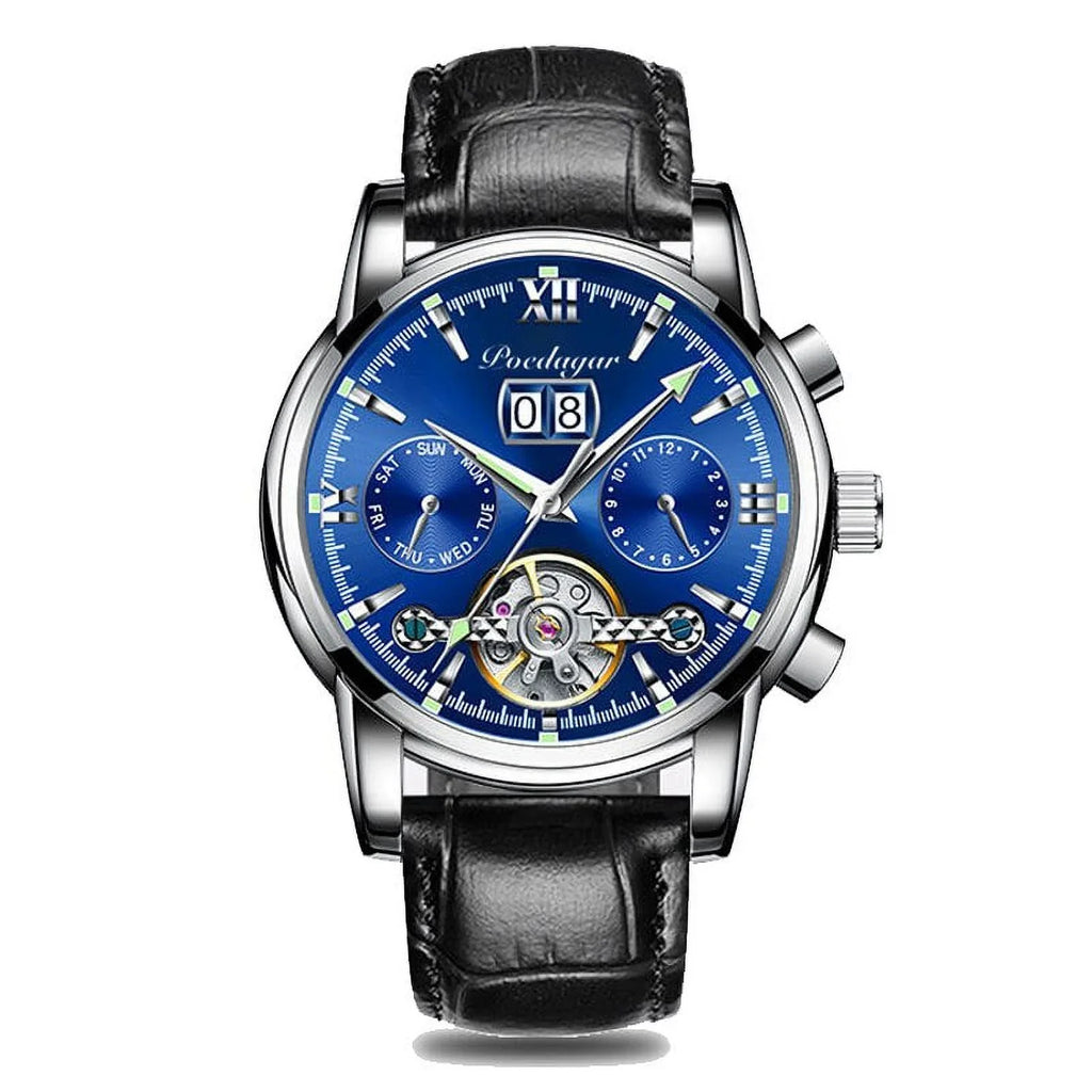 Top Leather Sports Men Genuine Automatic Brand Wristwatch POEDAGAR Luxury Chronograph Mechanical Watches Clock New Men