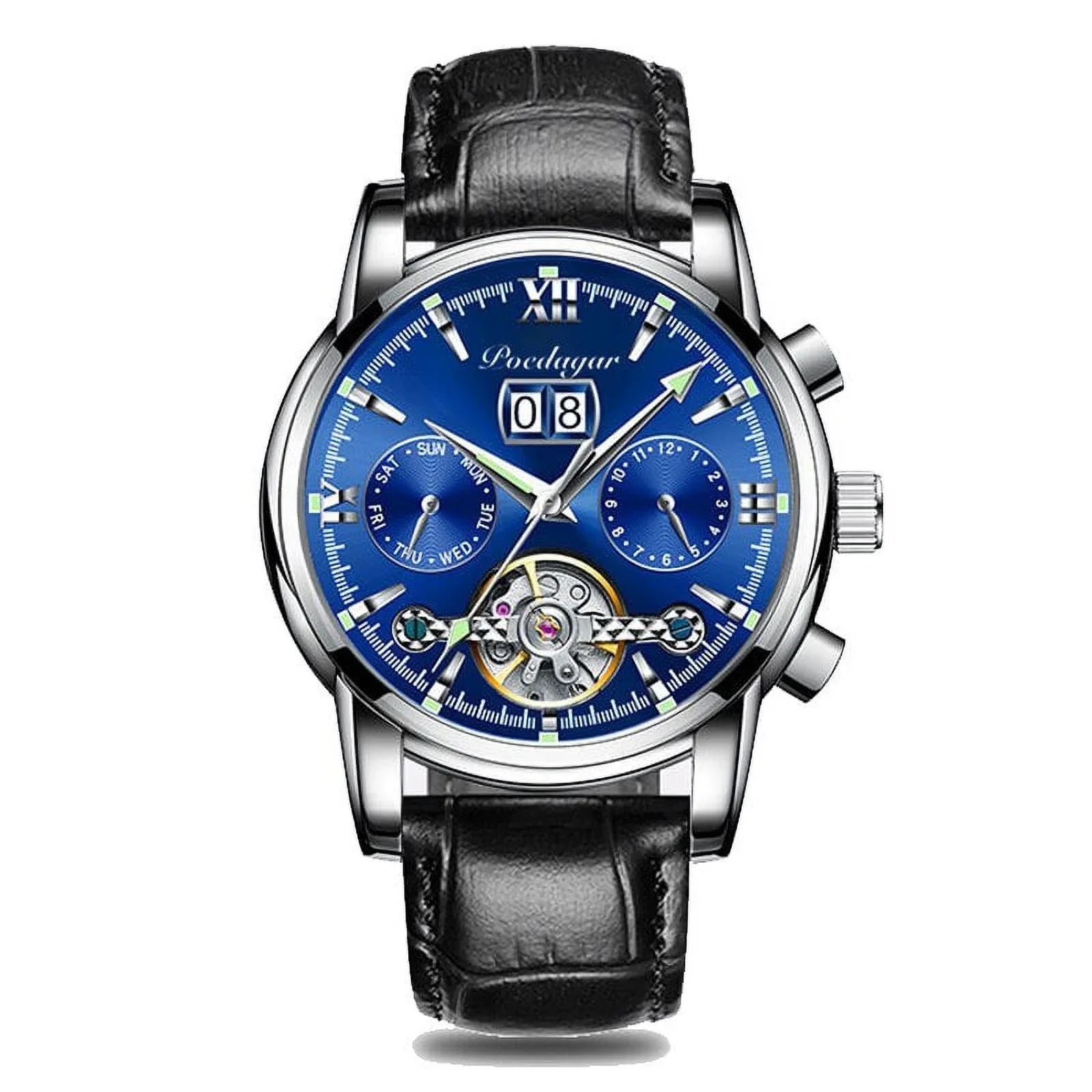 Top Leather Sports Men Genuine Automatic Brand Wristwatch POEDAGAR Luxury Chronograph Mechanical Watches Clock New Men