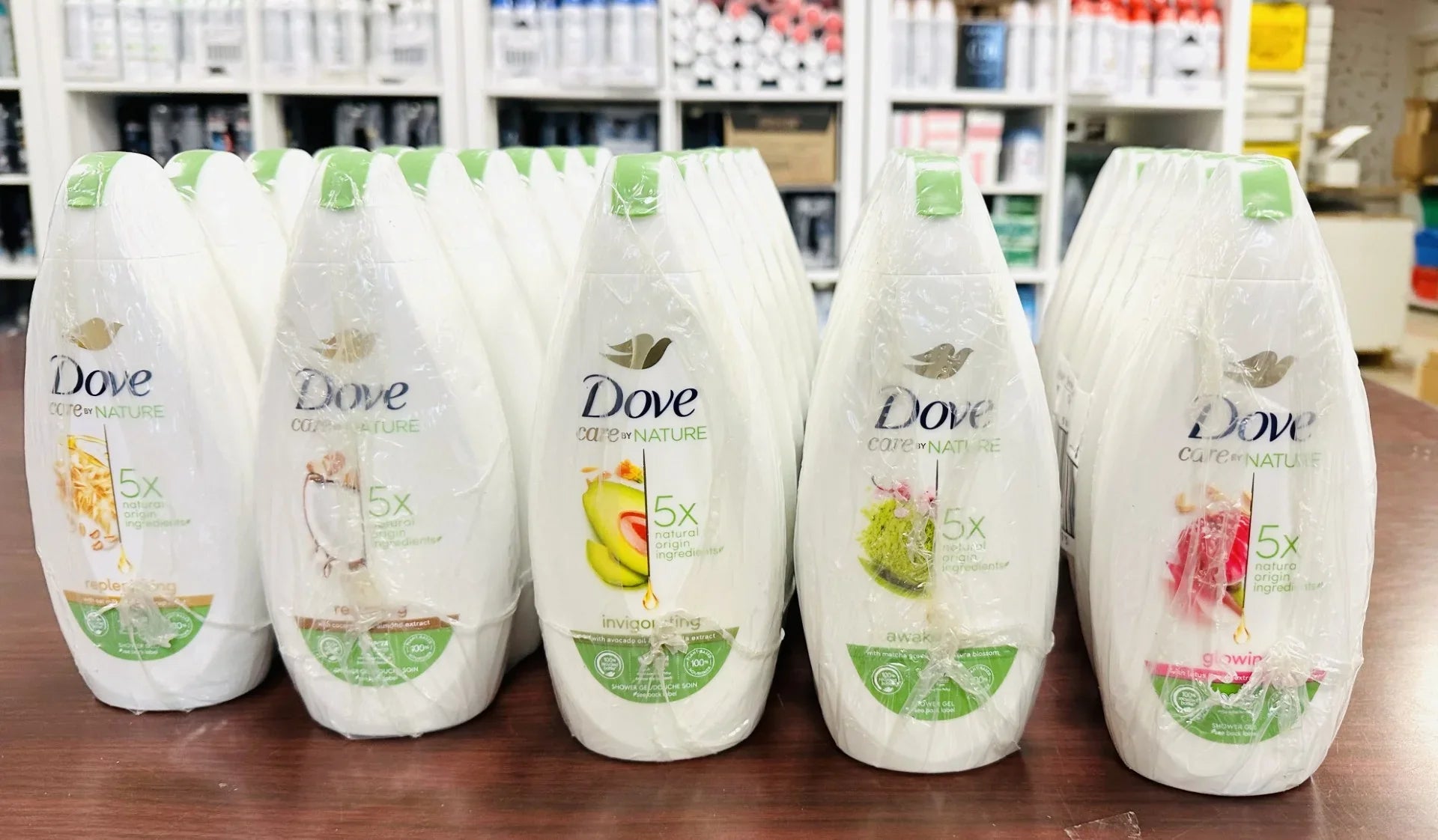 SCENTS GLO EACH RES" 400ML/13.5 DOVE (5PK) BODY OZ ASSORT AWA 5 WASH "INV REP