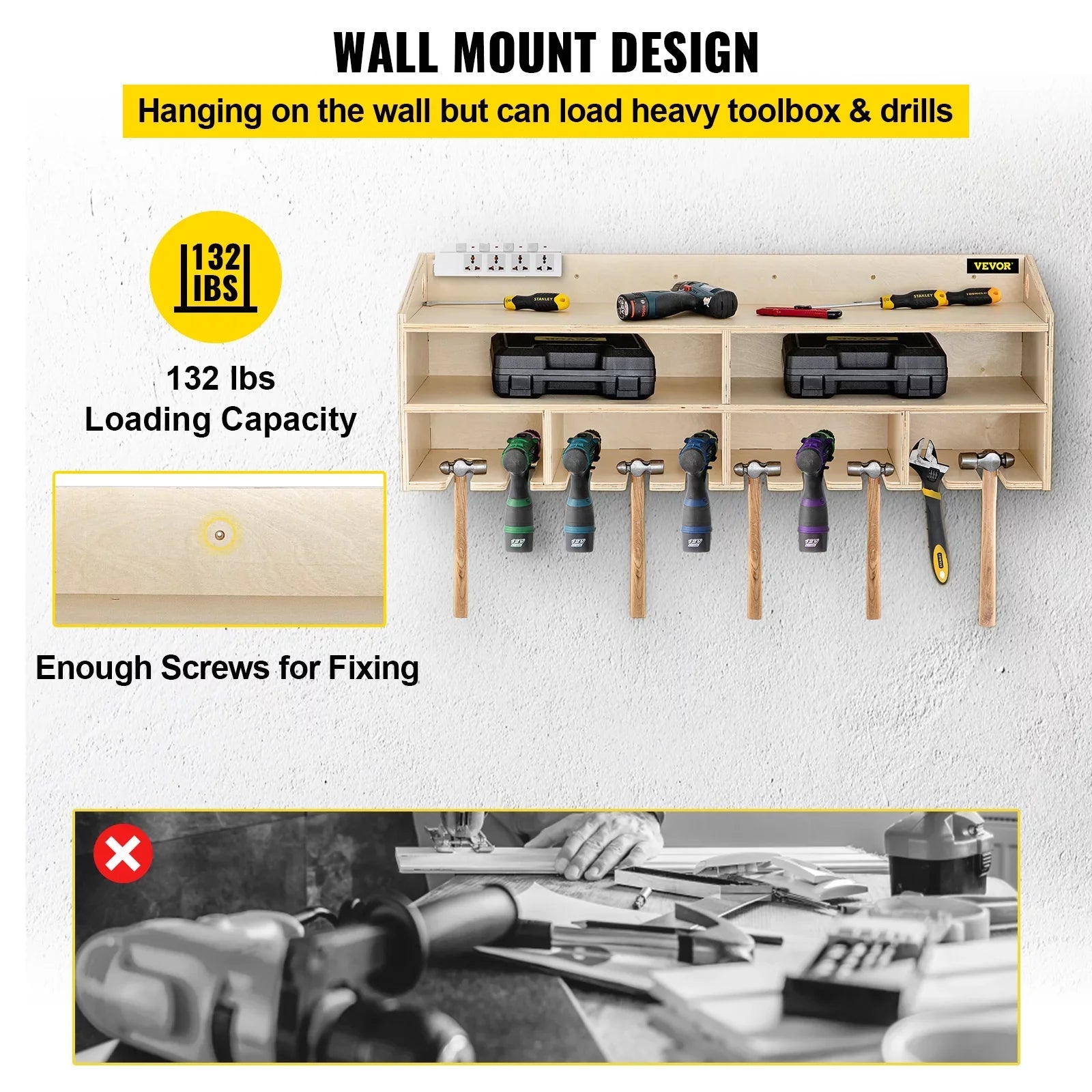 Wall 10 Mounted Wall Tool BENTISM Drill Organizer Holder Power Tool Slots 2-shelf