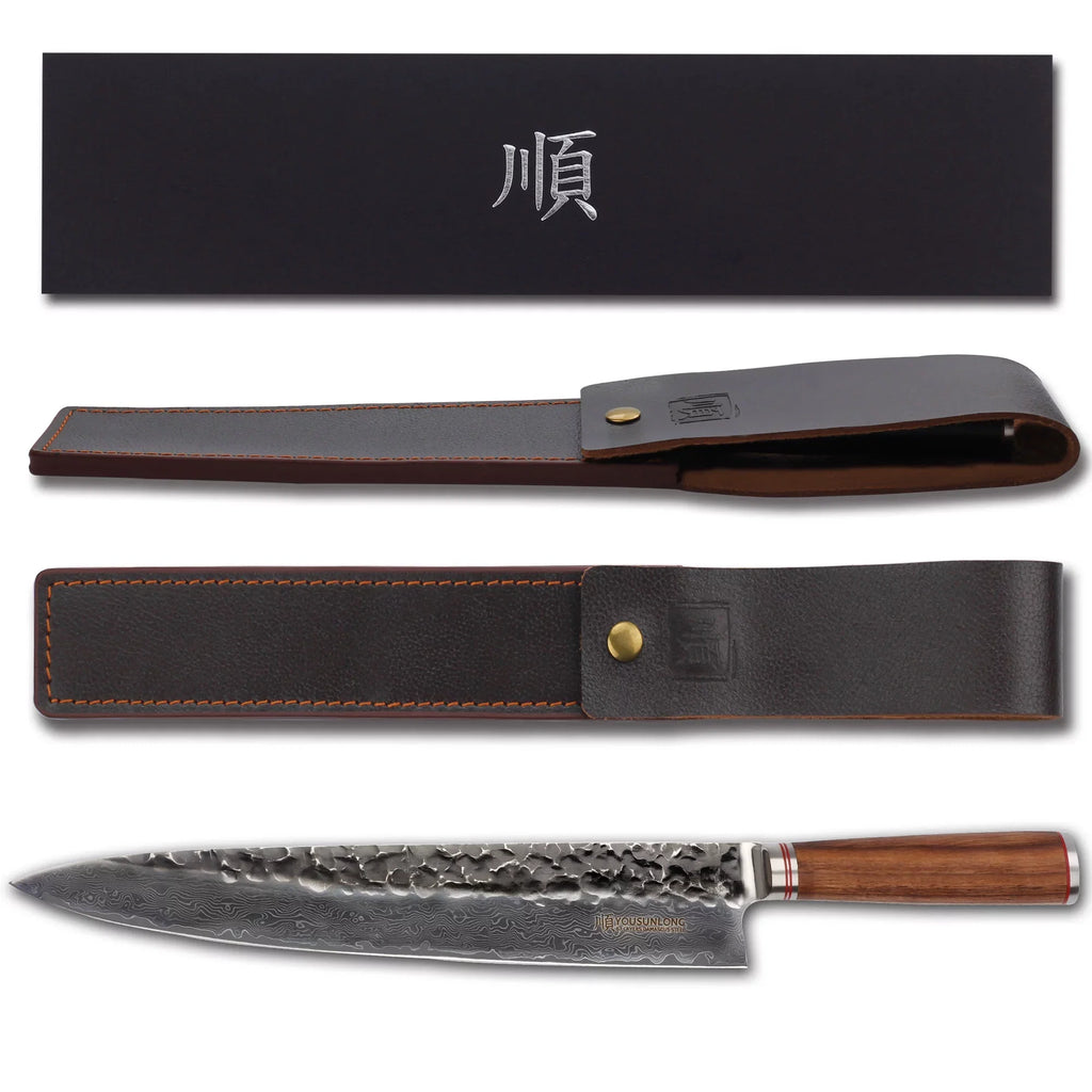 Knife Leather Natural Sheath Pro Wooden Gyuto YOUSUNLONG Damascus 12 Steel with Walnut inch Handle Chef - Japanese Hammered