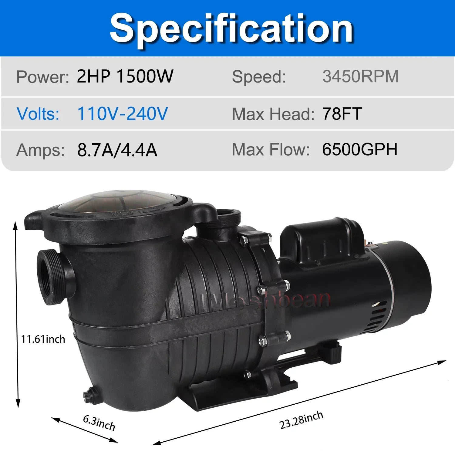 Pool Swimming w/ Head Above Inground Speed Ground, Pool 110V-230V, Single 2HP For 6500GPH, Ground Max & 78FT, Pools, Basket Connector Pump iMeshbean and Motor, NPT Pump Swimming Strainer Above