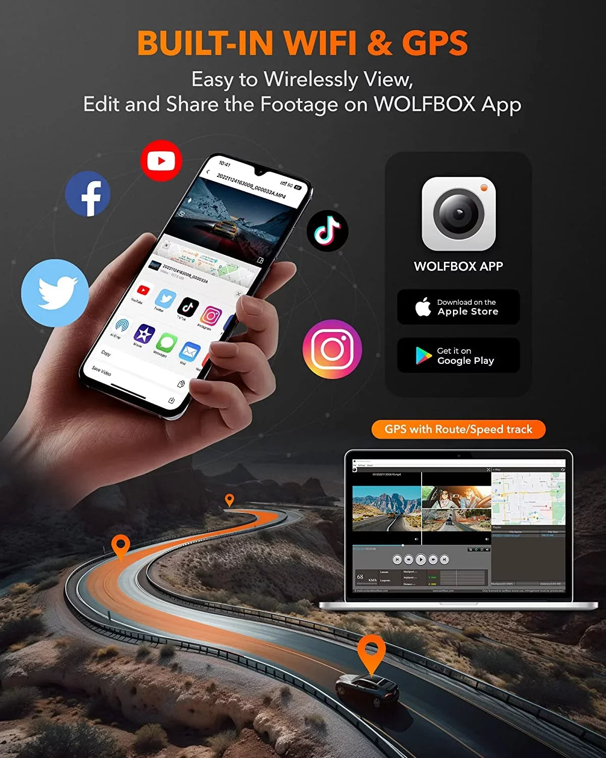 WiFi&GPS, Recording, Loop with Super 3" IR Dash Vision, 24H Parking Cam Night G-Sensor, DashCam LCD 3 WOLFBOX 4K Rear and Front Monitor Channel,