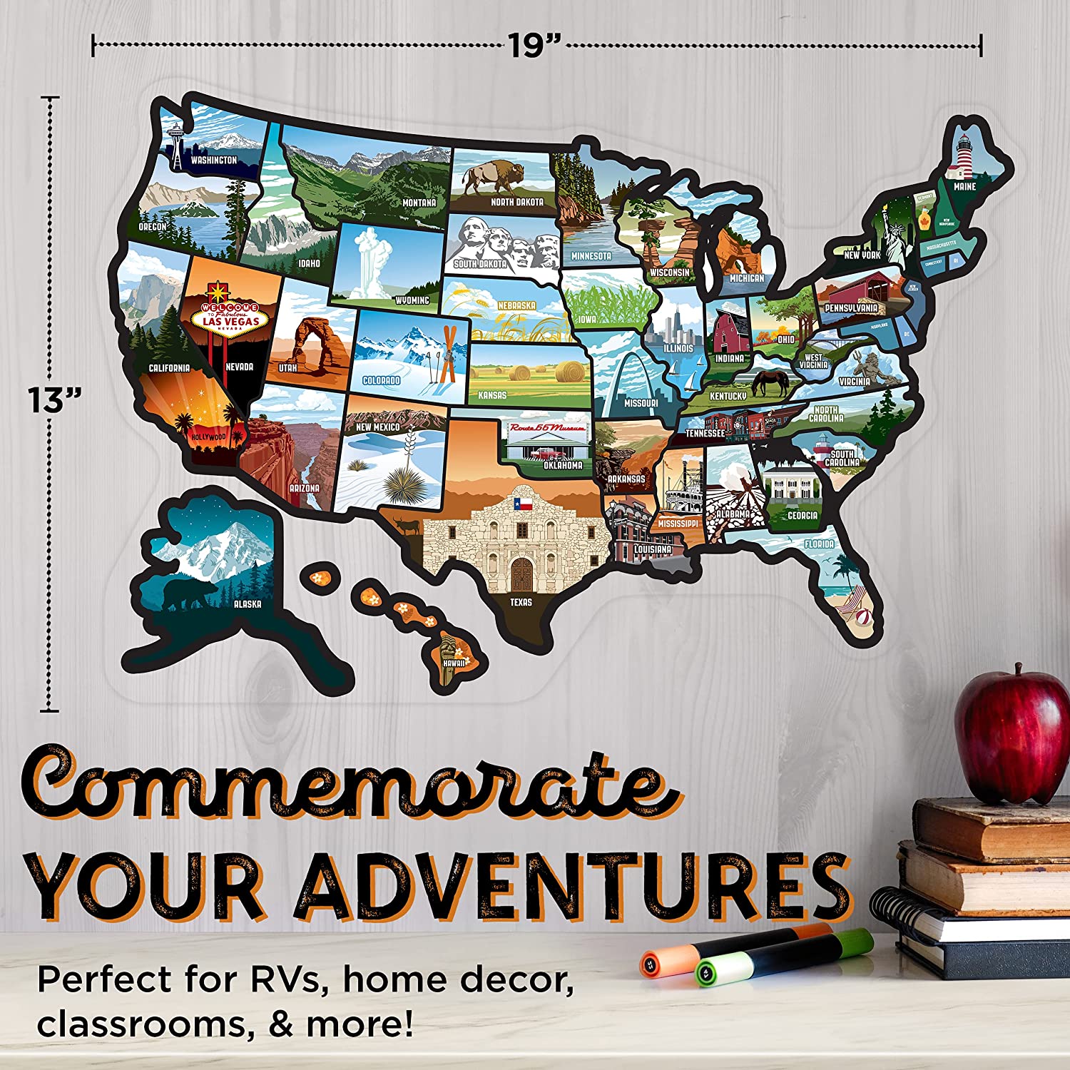 Sticker See Map, Travel Many State Places 50 RV Decals, 19x13" Trailer States