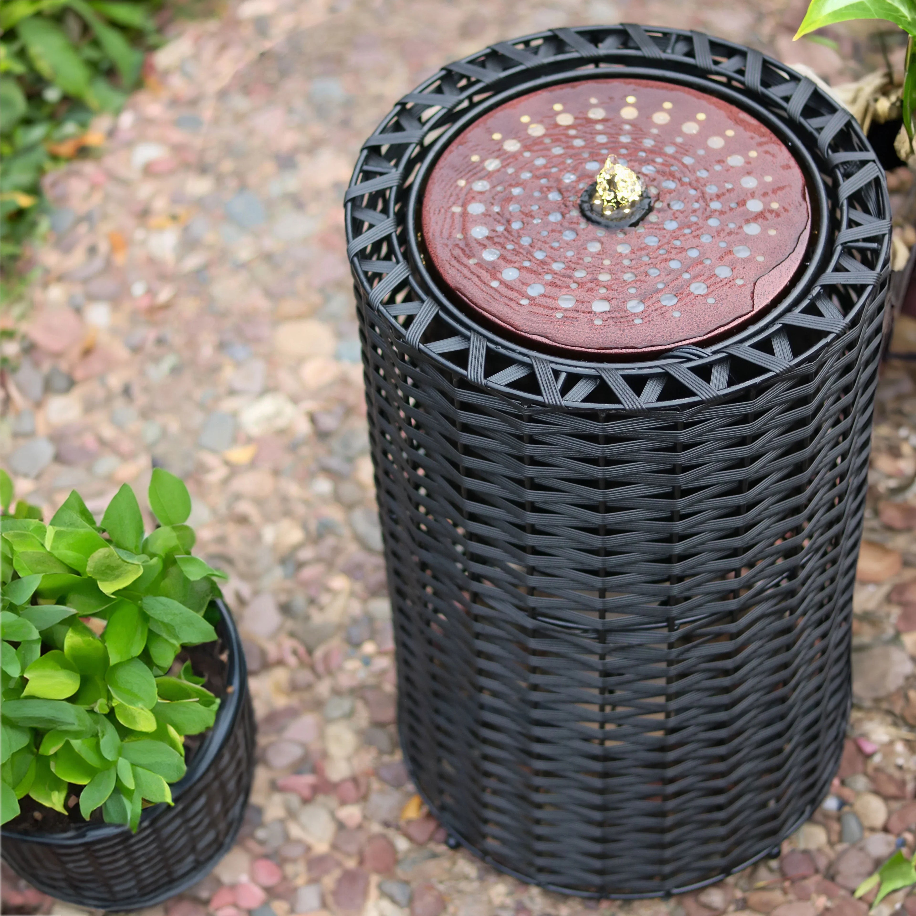 Fountain 20.5" LED Lights Cylinder - with Wicker Sunnydaze Plastic