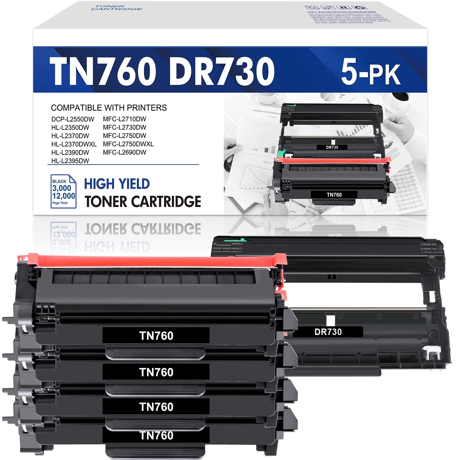 ) Compatible and Drum Drum High Unit Brother MFC-L2690DW Toner for TN760 DR730 Toner, Unit DCP-L2550DW MFC-L2710DW Printer HL-L2350DW (4x Set 1x DR730 Cartridge Yield TN760