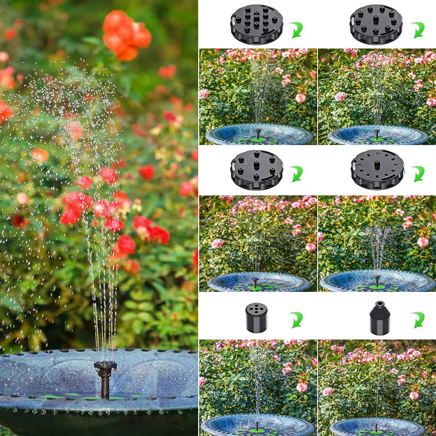 Solar or Water (Green) Nozzles, with Built-in Pond Fish Solar Pump AISITIN Decoration 1200mAh Solar Fountain Pump, Garden for Aerator Bird Floating Fountain Pump Bath, Battery, 6 3W Tank,