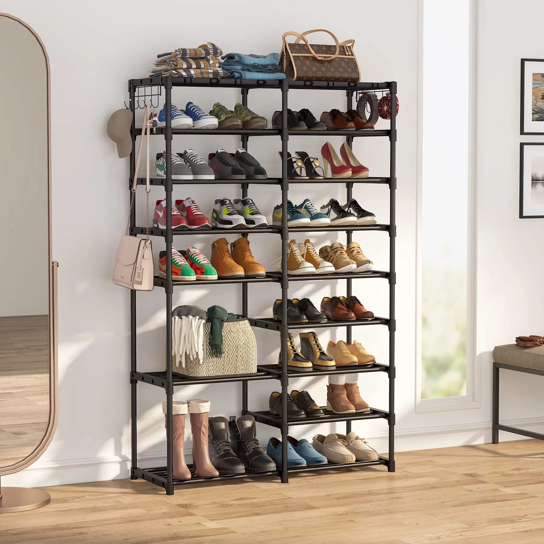Shoe Storage Removable Tower Black Stackable Closet Large for Tiers 32-40 Shoe Pairs Storage, Boot Shoe Dustproof Shoe for Stand Rack 2 Boot Hooks with Organizer 9 Shelf Organizer Fiuion Shoe