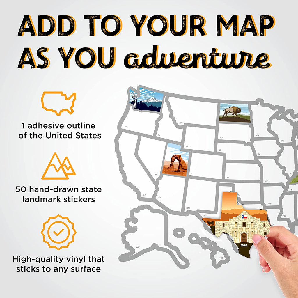 Sticker See Map, Travel Many State Places 50 RV Decals, 19x13" Trailer States