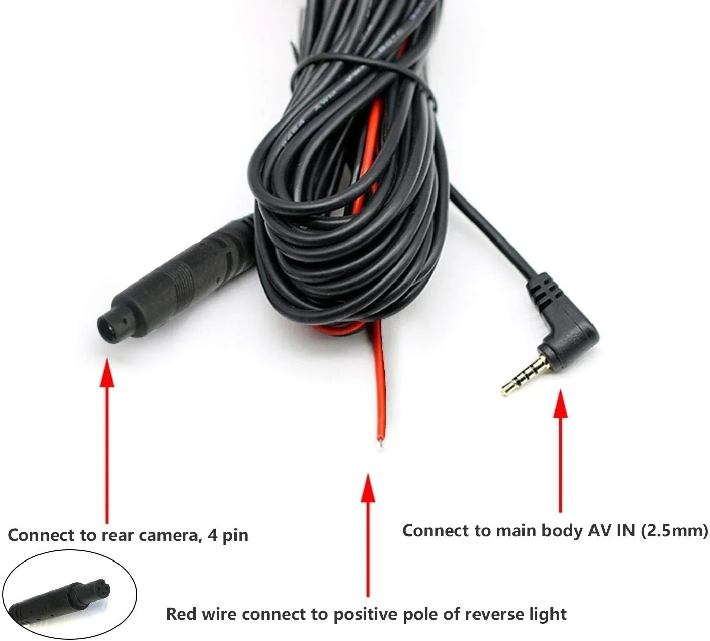 50Feet Backup pin,2.5mm) Extension Cord for REDTIGER Cam(4 Camera Dash Cable