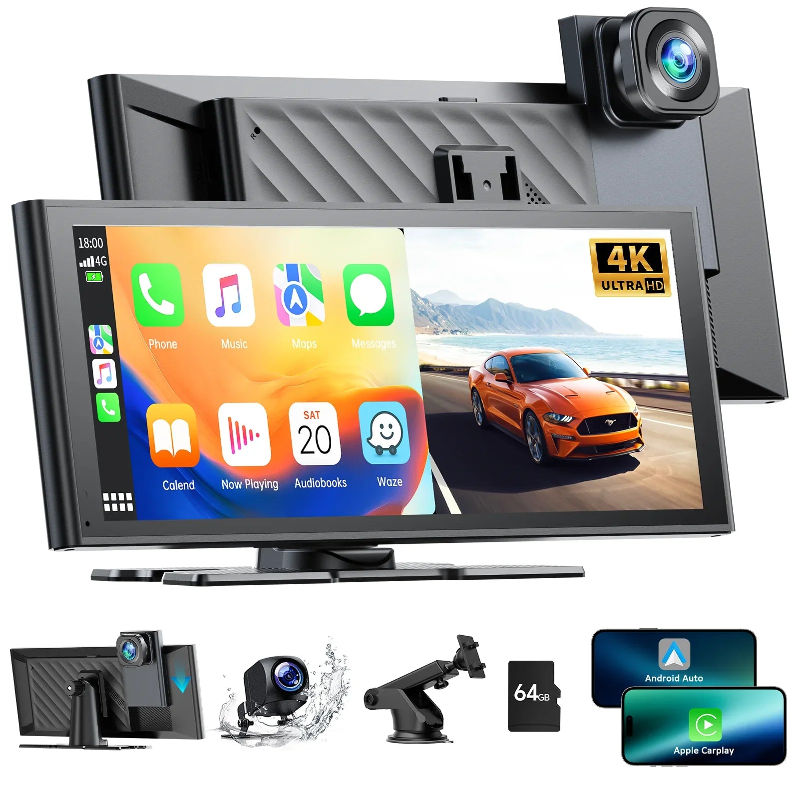 4K Stereo TOGUARD  Camera/Loop Radio, View Rear and Touch 1080P Link Wireless Car Play Navigation/Mirror Android Screen, Dash Recording/GPS Carplay Auto, with Cam, Front Car Car 9.26" Rear