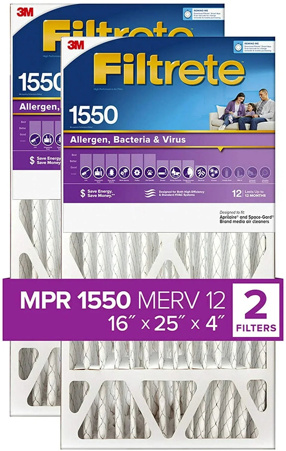 MPR Allergen Living 1550 AC 4.31 24.56 Filter, x 16x25x4, Ultra 2-Pack dimensions x Furnace Pleat, Air Healthy actual 15.88 Filtrete Deep DP,