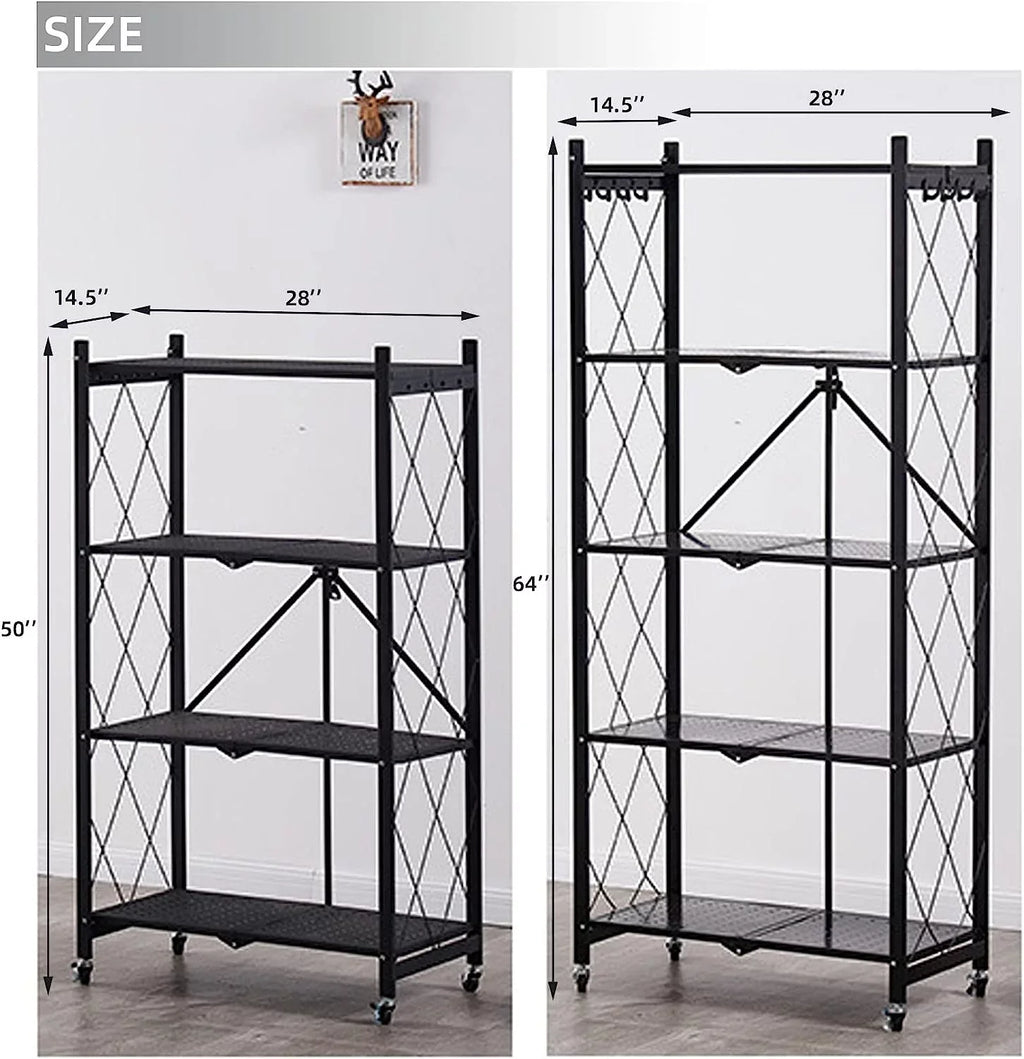 Metal Shelves, 65" Garage 14" shelf Shelving D Collapsible Metal Heavy 28" 5-Shelf Foldable on W Bakers Wire, x x H Closet, Duty (5- Units Storage Organizer Rack, Wheels storage) for Kitchen