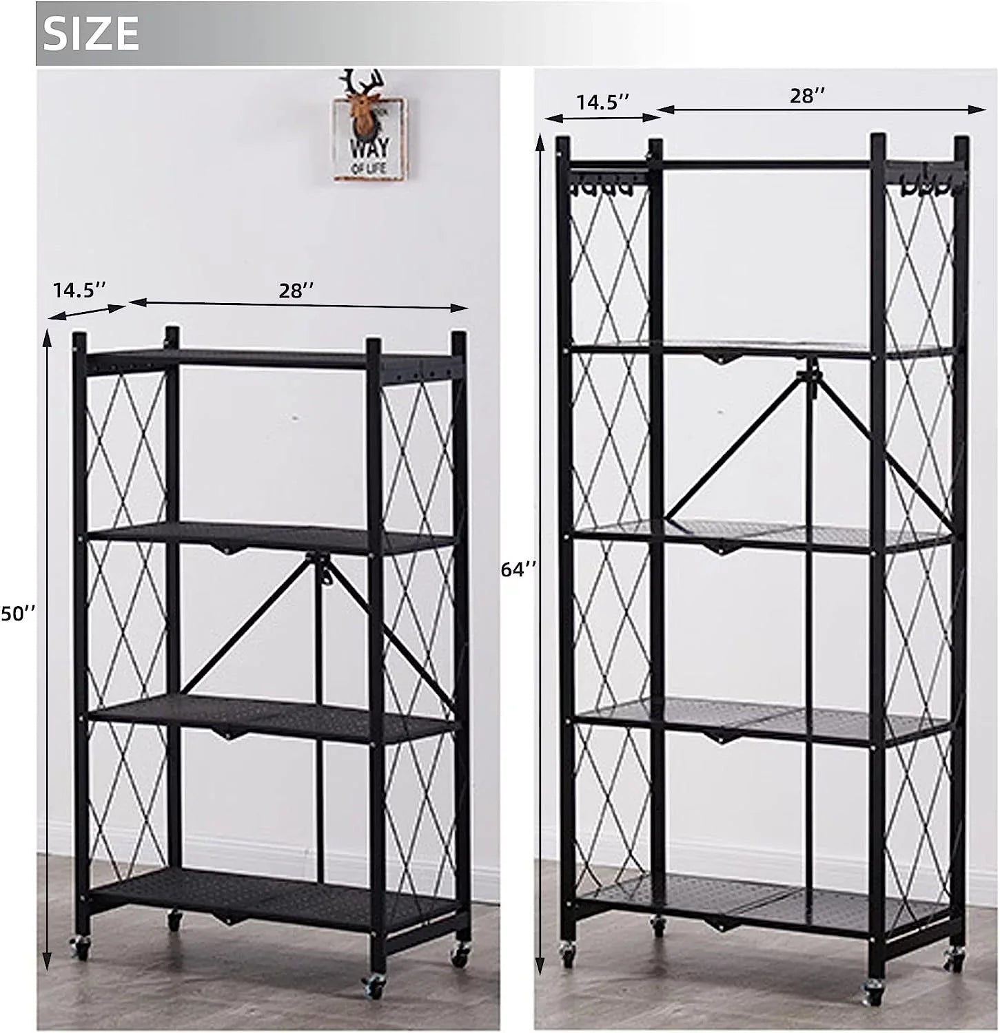 Metal Shelves, 65" Garage 14" shelf Shelving D Collapsible Metal Heavy 28" 5-Shelf Foldable on W Bakers Wire, x x H Closet, Duty (5- Units Storage Organizer Rack, Wheels storage) for Kitchen