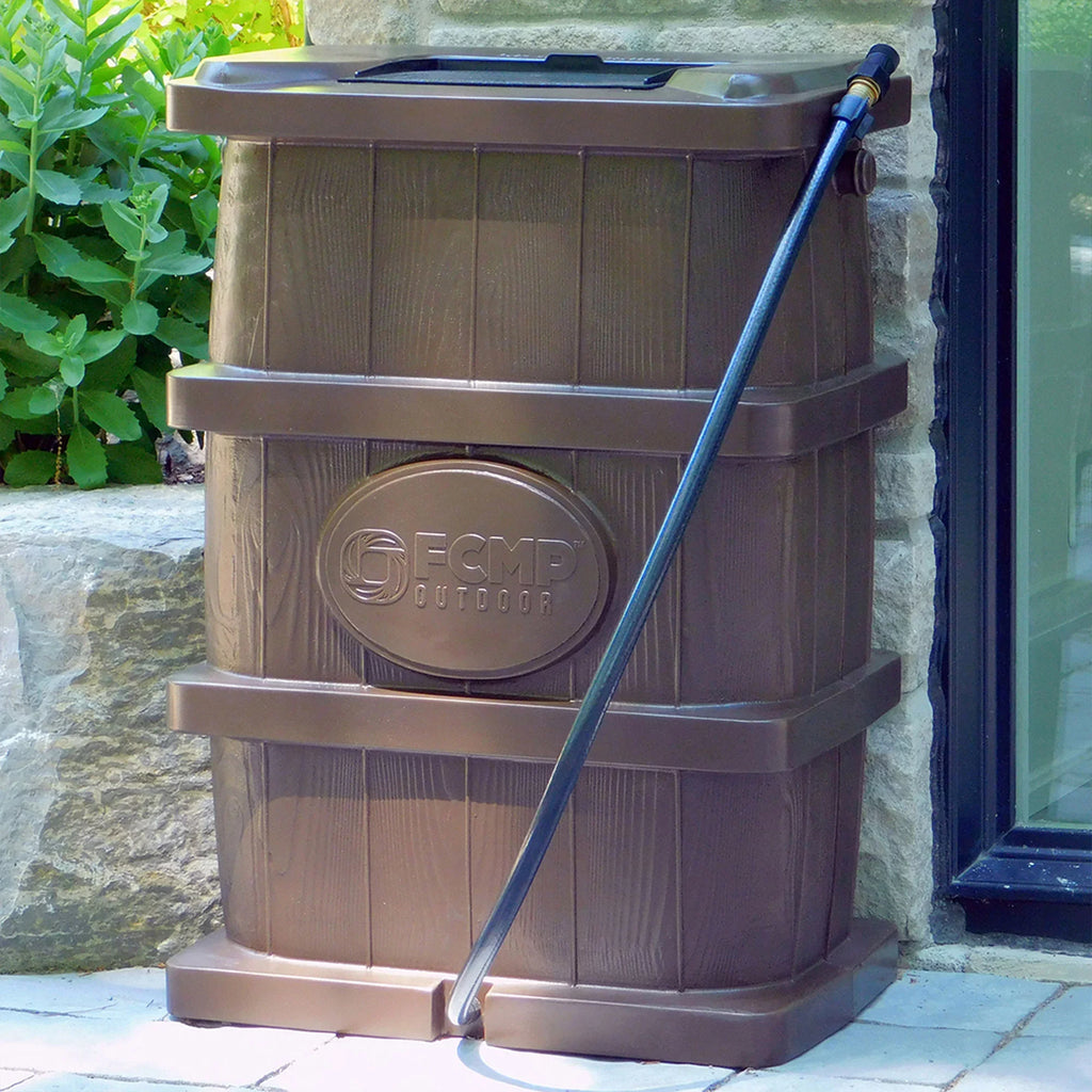 FCMP WG4000 Water 45 Brown Barrel, Outdoor Grain Catcher Rain Gallon Wood