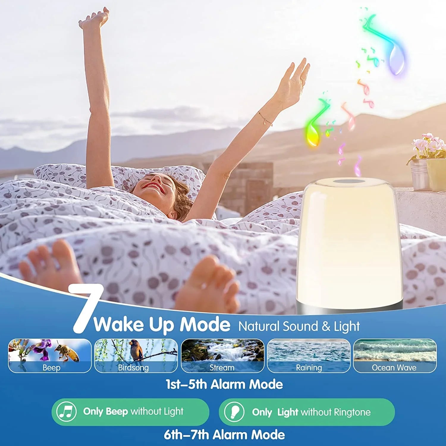 Sleepers Night Sleep Aid, Sunrise RGB Clock Bedside Wake for Kid Bedroom Lights, Sun Dimmable Light Alarm Sound Light Timer Snooze Alarms, Simulation Up Nursery Natural 7 Heavy Lamp Adults, 7