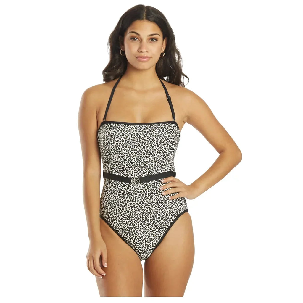 Swimsuit Women's Michael Printed Bandeau One-Piece 10 Kors Black Logo-Belt Size