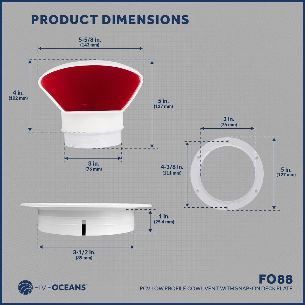 for Snap-On Interior, UV-Resistant 3-Inch or Deck Low Plate Profile Red Five Air Cowl FO88 Cover, Oceans Vent with PVC, Cabin Intake Flexible and Ventilation- and