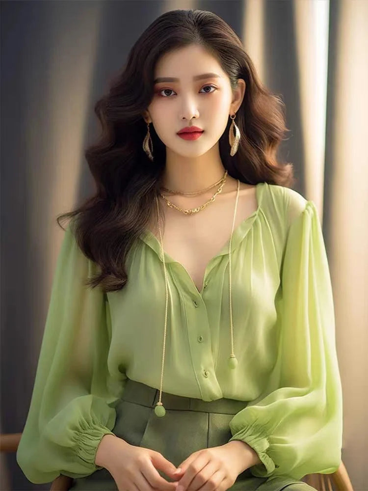 Mambo Chiffon Spring French V-Neck Blouse. Fashionable With Underneath. Top Shirt Mint Style Women'S Style