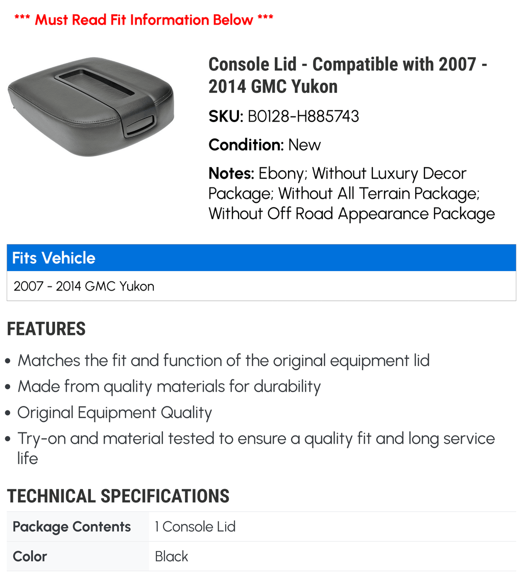 2014 Compatible - 2008 2011 2012 2010 Yukon 2009 with - GMC 2007 Console Lid 2013
