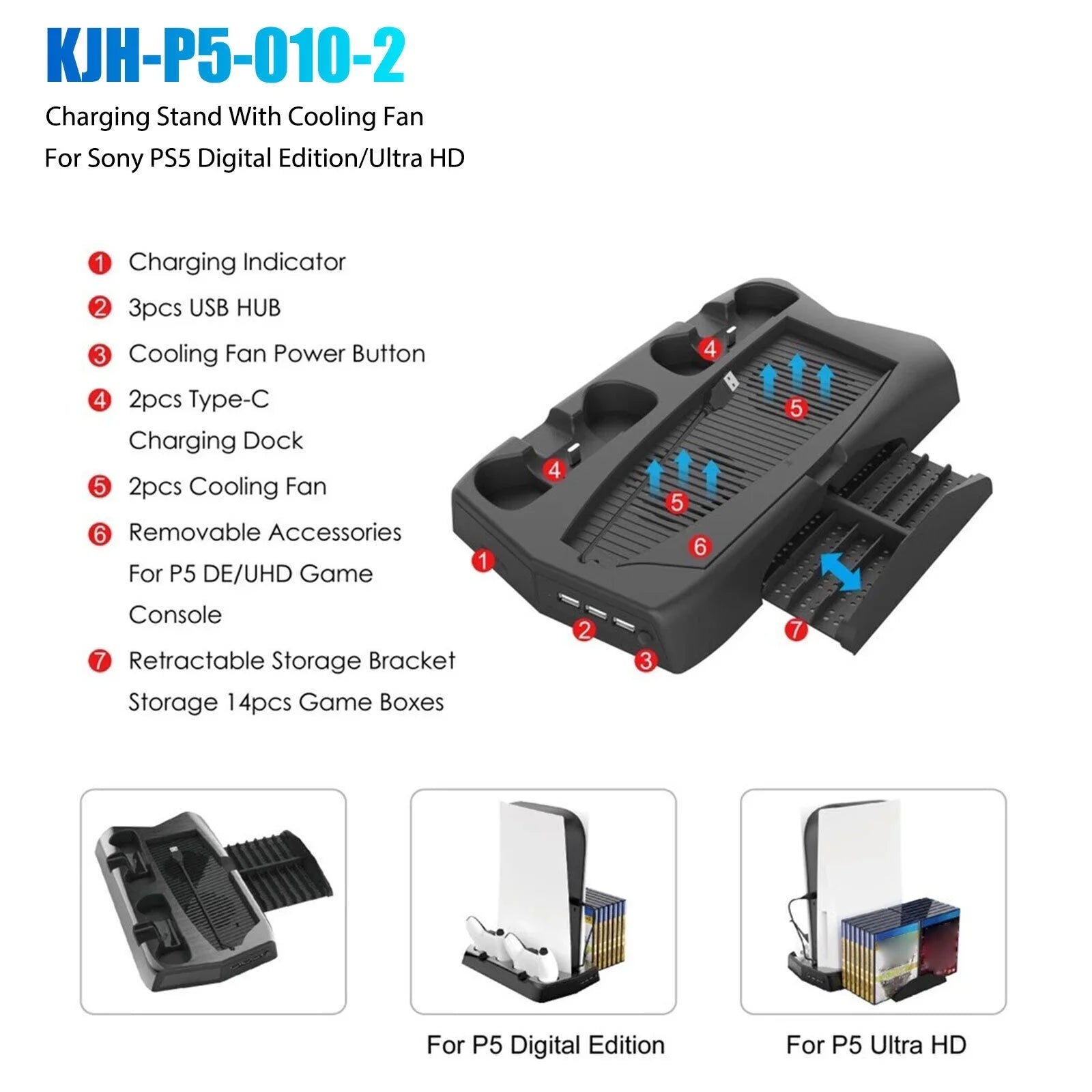 Stand PS5 For Slot Controller 14 w/Console Fans Charging Dock Games Disk Cooling