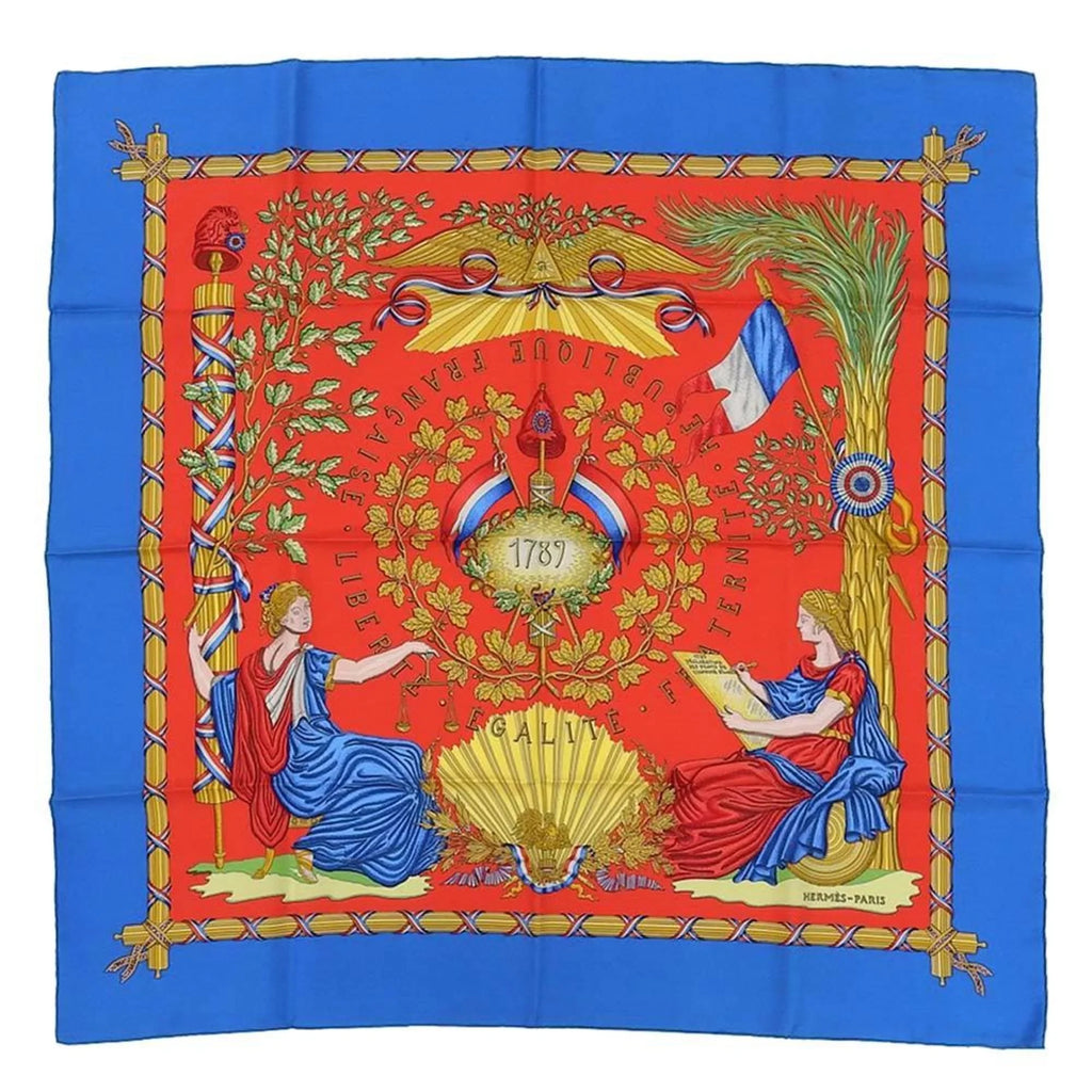 New) Pattern Red Silk Scarf Revolution 90 Commemorating Carre Blue Hermes (Like the Pre-Owned French