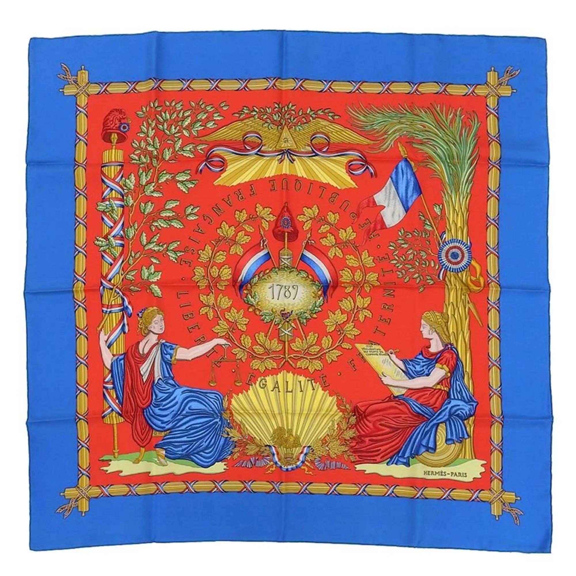New) Pattern Red Silk Scarf Revolution 90 Commemorating Carre Blue Hermes (Like the Pre-Owned French