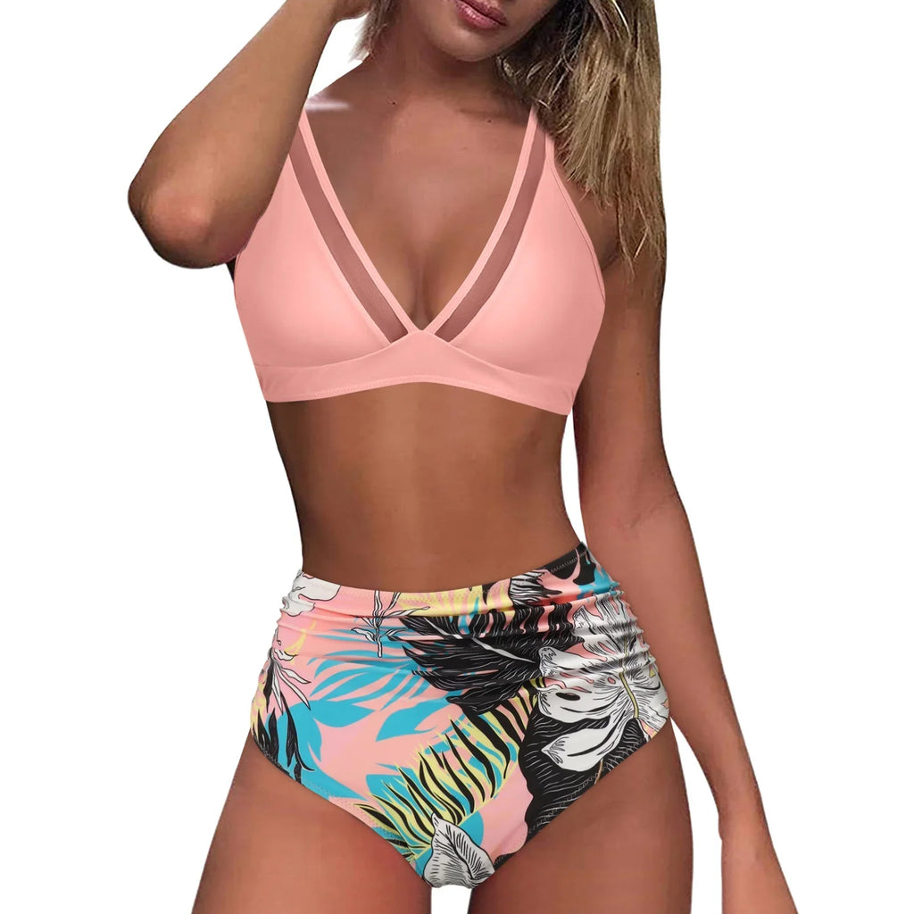 Push Vintage Two Print Swimsuit Sexy Bikini Swimsuit Set High Women Piece Ruched Swimsuits Waist Up Piece Retro Waisted Bra Underwire Bikini High Two