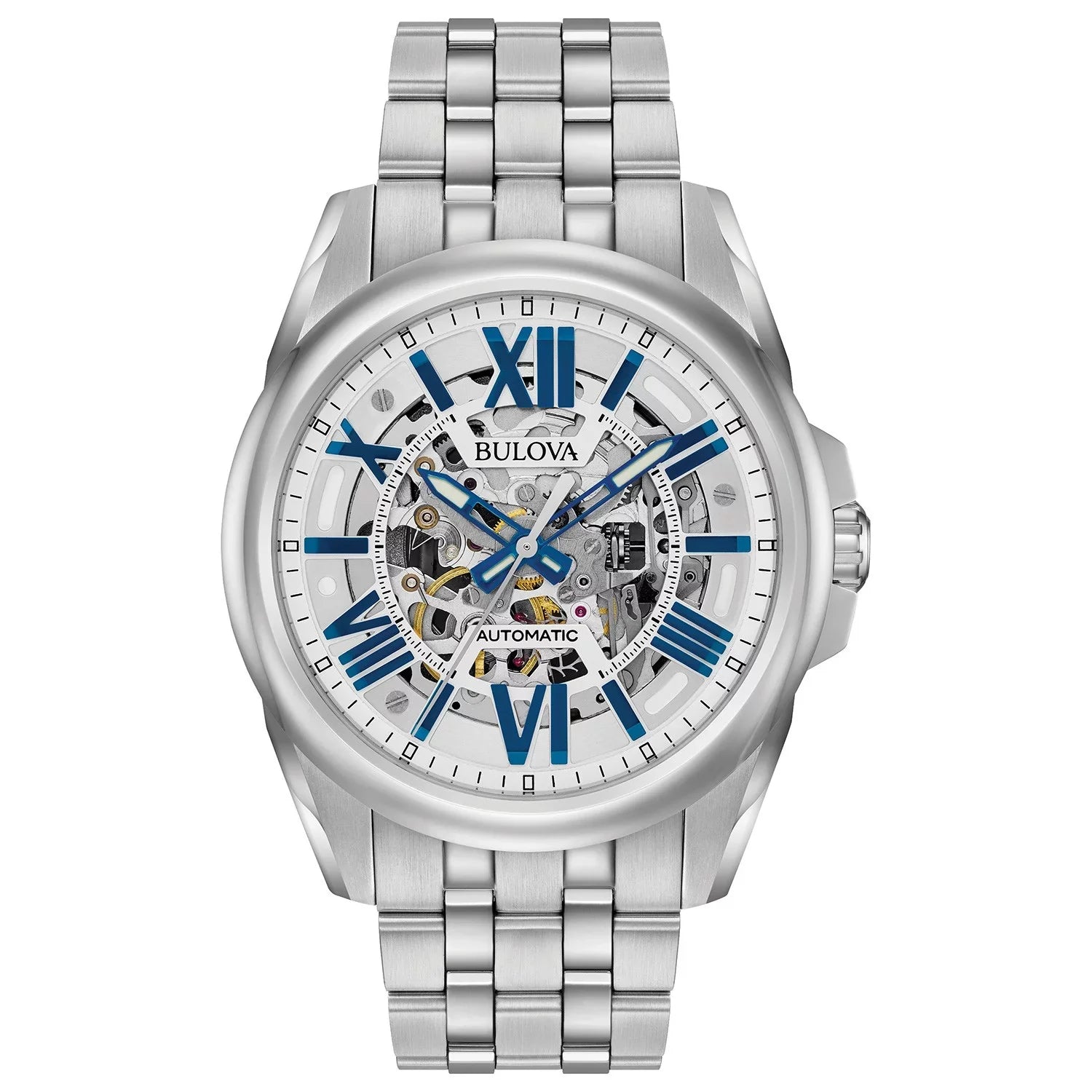 Automatic Bracelet Steel Bulova Skeleton 96A187 Silver Dial Stainless Men's Watch