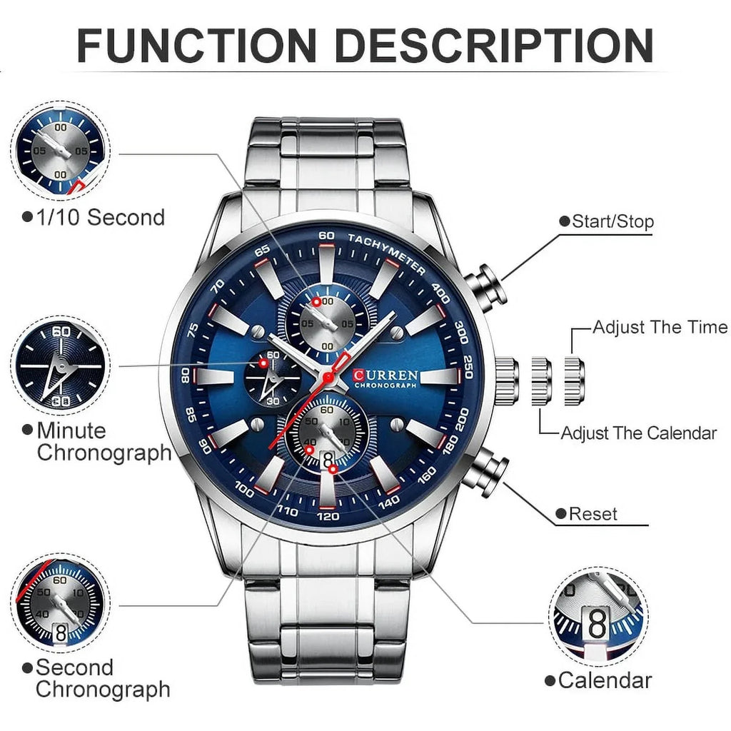 Brand Quartz Relogio Watch Masculino Silver Sport for Men Black Watches New Chronograph Date Wrist Waterproof Men’s Top Watches Luxury