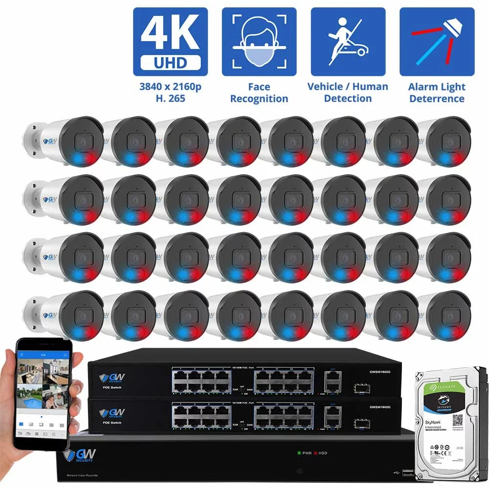 System 4K (32) Camera Cars UltraHD & Color 8MP Outdoor 32 with GW Security Lights NVR Night with Alarm Security Detection Audio Vision PoE Cameras, Channel Full-Time Two-Way AI Human PoE