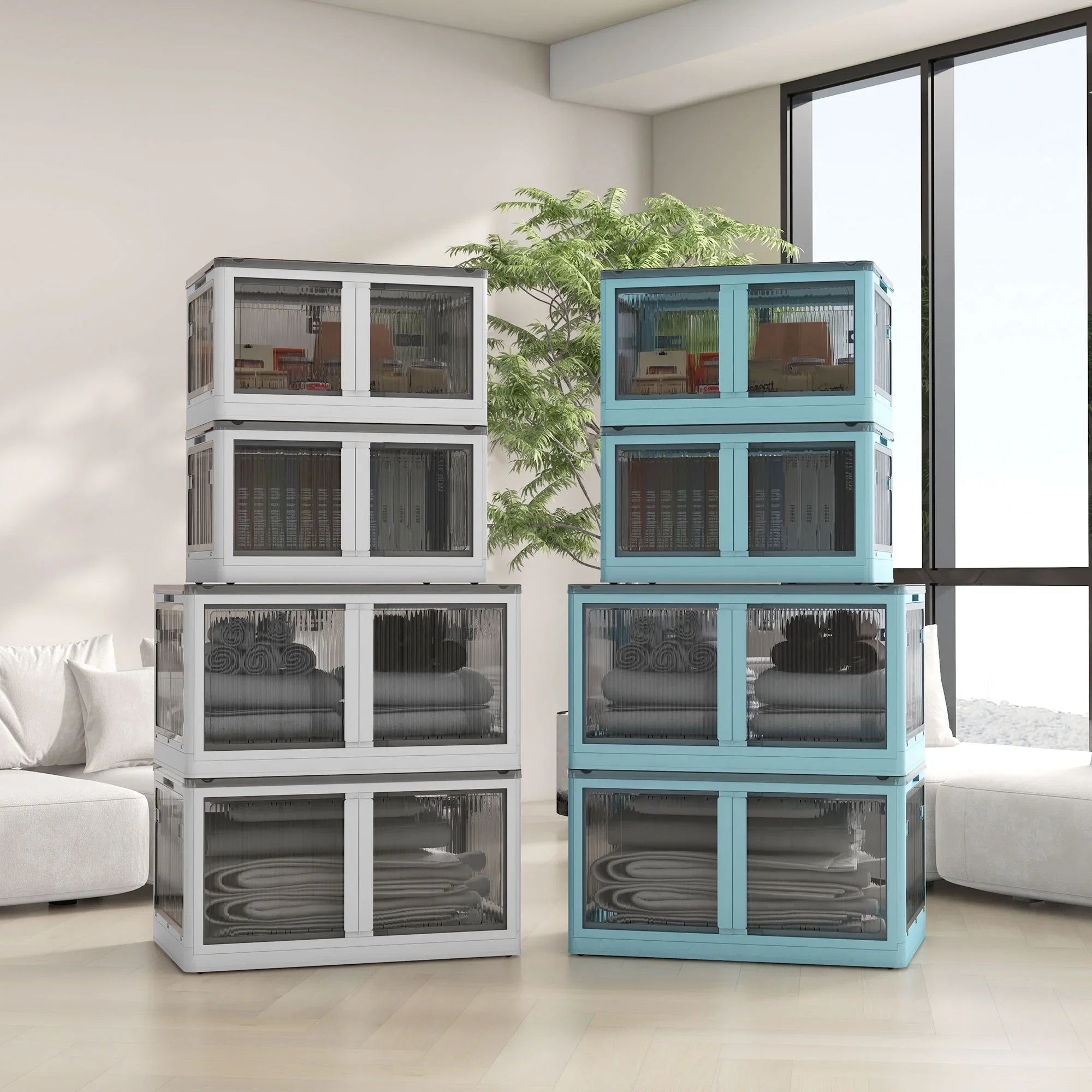 Lids, Stackable and Storage HOMCOM Blue with Collapsible, Wheels, Bins