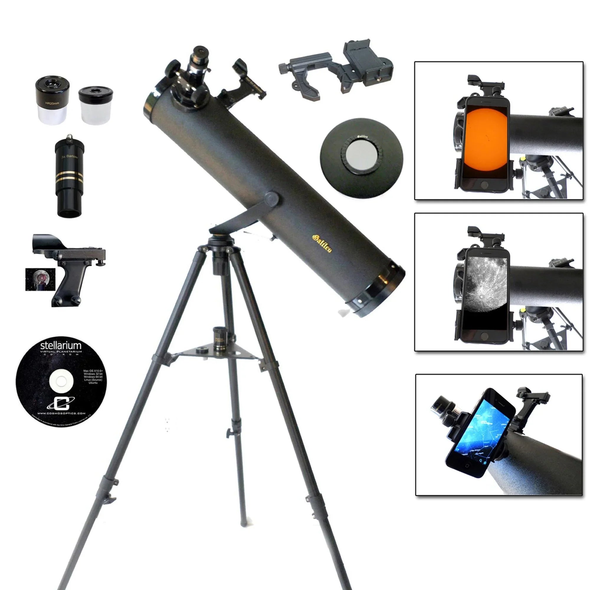800mm with Cap Galileo 95mm x Astronomical Filter telescope Solar Smartphone Adapter and kit