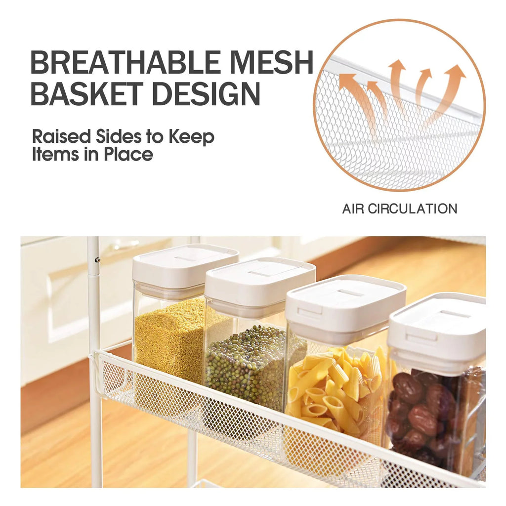 KINGRACK Tabletop Wooden KK Carts Mesh Kitchen with Rolling Cart, School Utility Storage 4-Tier White for Bathroom,