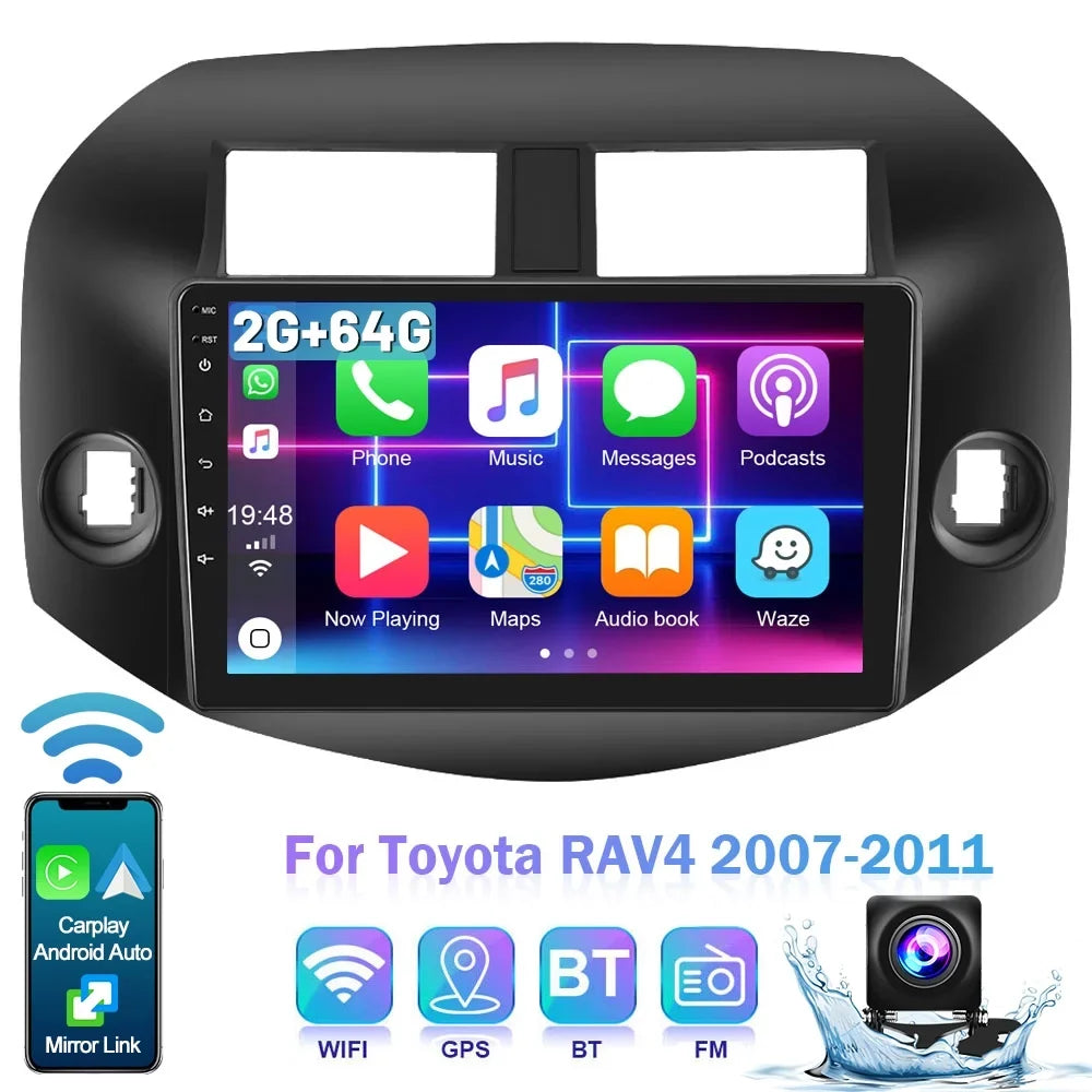Auto FM for USB,AHD Podofo Toyota Radio Touchscreen 13 RAV4 Hifi Link Android GPS 10'' Car Backup WIFI Carplay Stereo Wireless Mirror Android Camera Bluetooth 2+64G 2007-2011