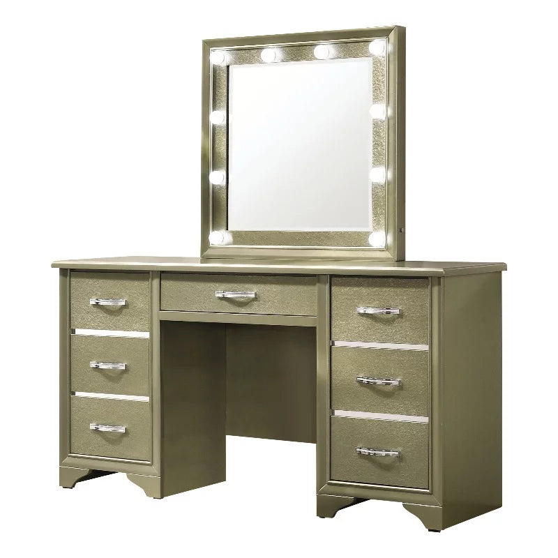7-drawer Vanity Desk Champagne Mirror Beaumont with Lighting