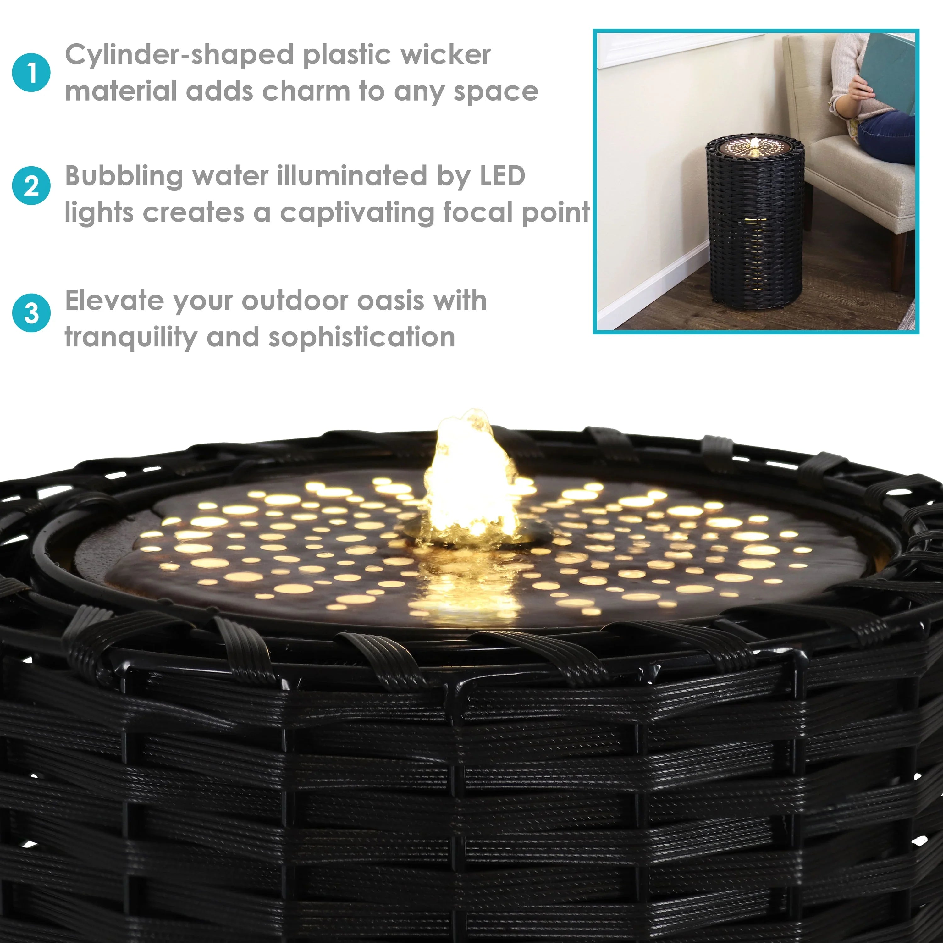 Fountain 20.5" LED Lights Cylinder - with Wicker Sunnydaze Plastic