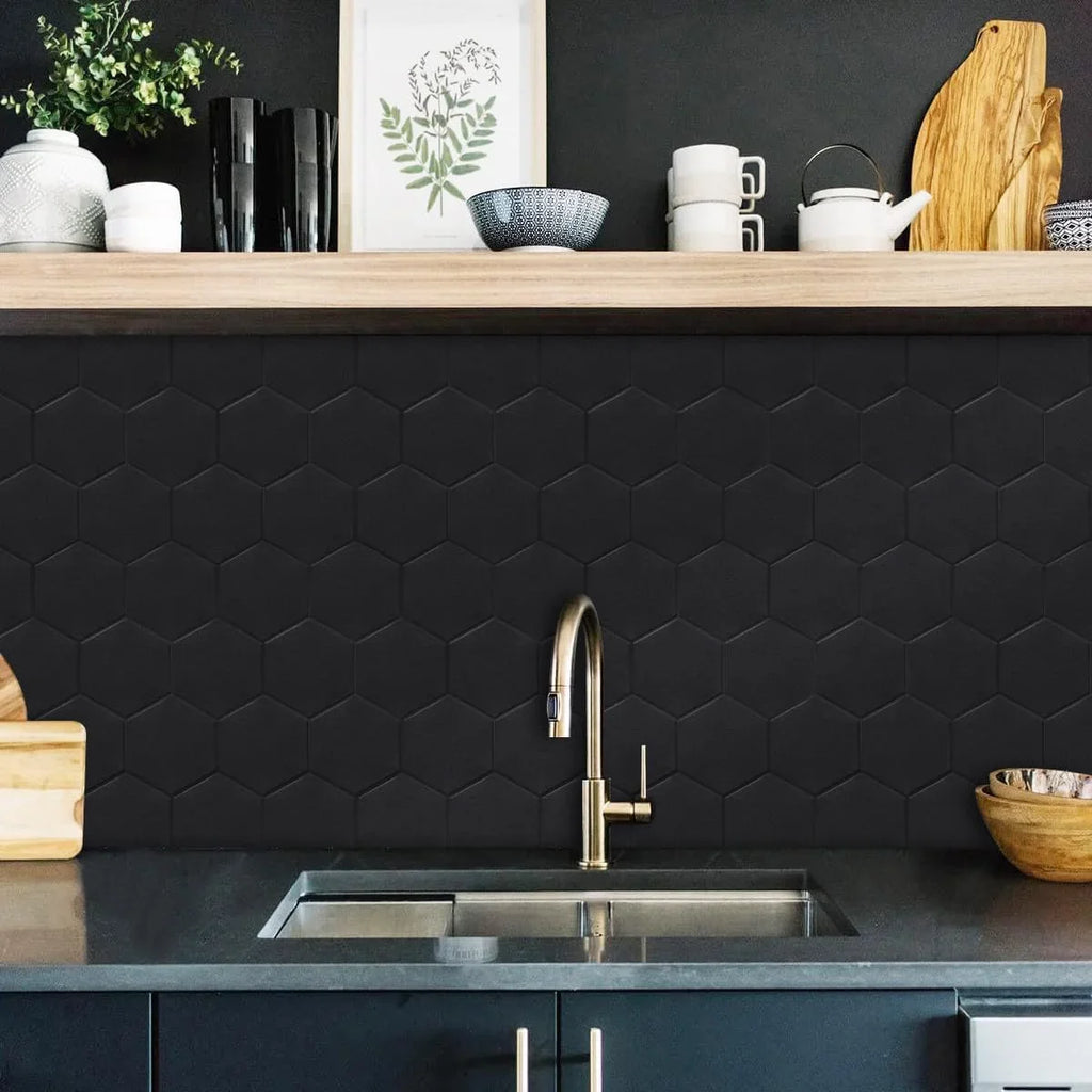 PET Black Stick Backsplash Bathroom(11.57''x10.35'',10-Sheet) Tiles Self Adhesive 3D for Matte Big Real Hexagon Peel and Kitchen