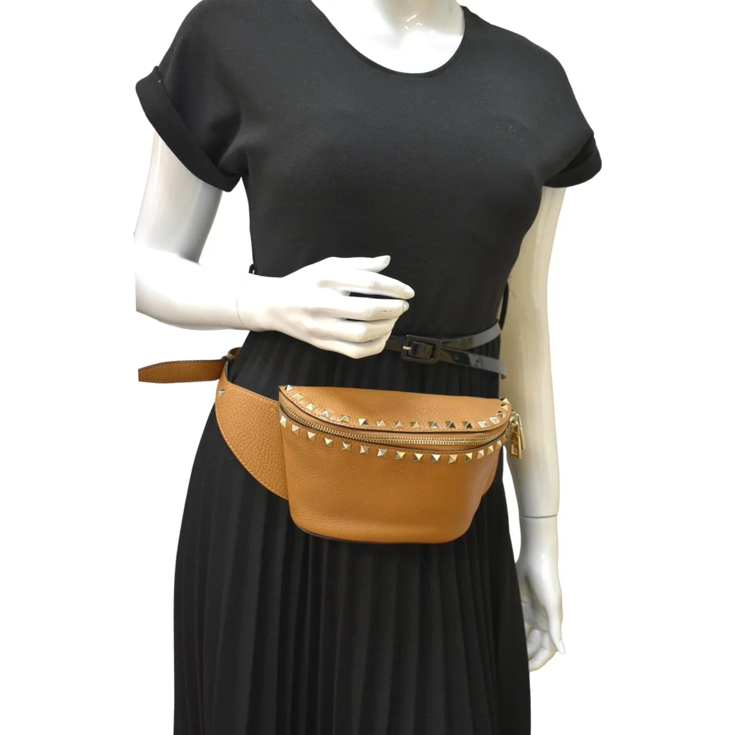 Bag VALENTINO Leather Pre-Loved Spike Belt Camel